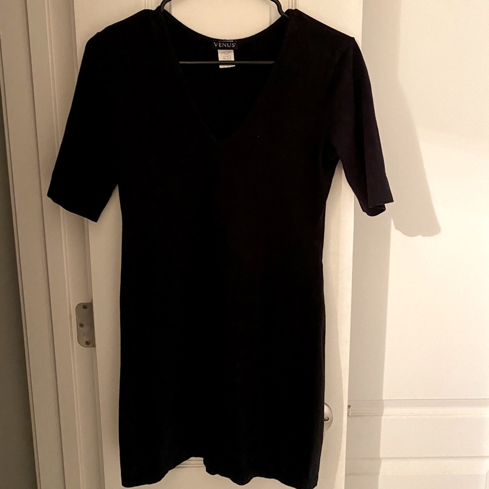 Black, V-neck, mini dress
